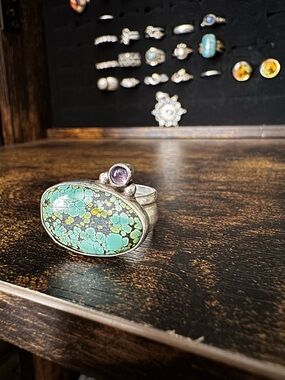 Sterling Silver Turquoise & Amethyst Oval Statement Ring - Green Turquoise